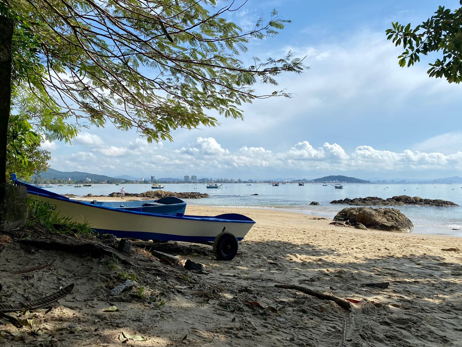 Barco de pesca na areia sob a sombra de uma árvore na Praia da Cancela, em Penha, com a enseada ao fundo